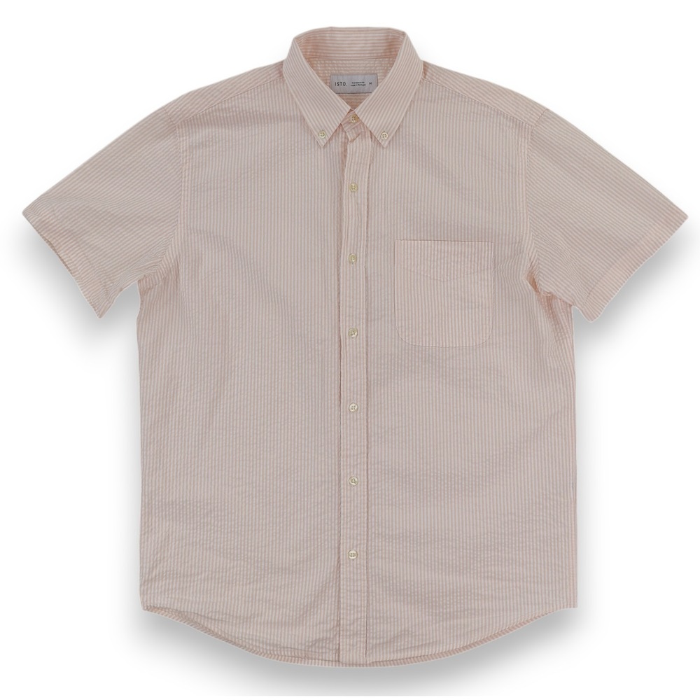 ISTO Seersucker Shirt Mens Medium Pink Stripe Short Sleeve Button Down Cotton